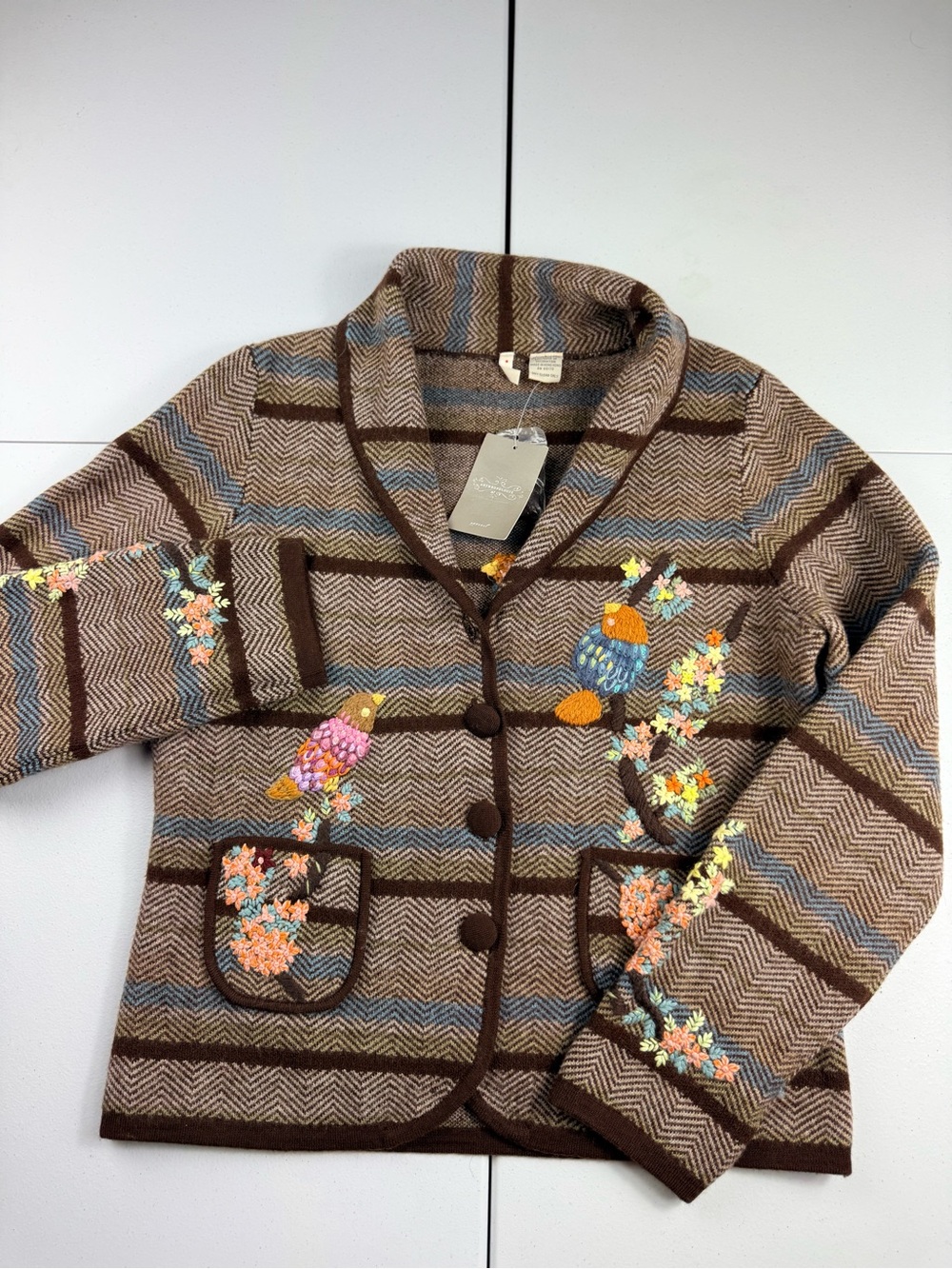 Anthropologie Moth wool merino brown herringbone and striped knit cardigan New